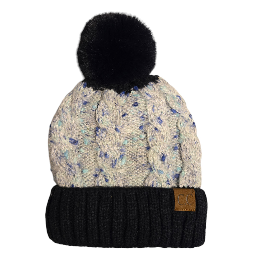 C.C. Knitted Beanie with Faux Fur Lining Blue and Gray Pom-Pom